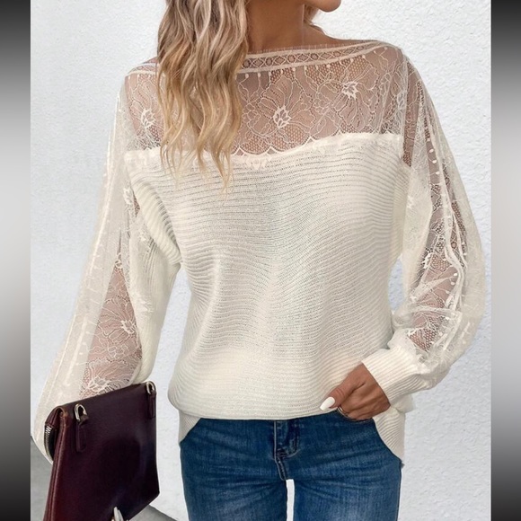 Comfy Elegant Sheer Mesh Lace Boat Neck Batwing Sleeve Sweater Top - Picture 4 of 16